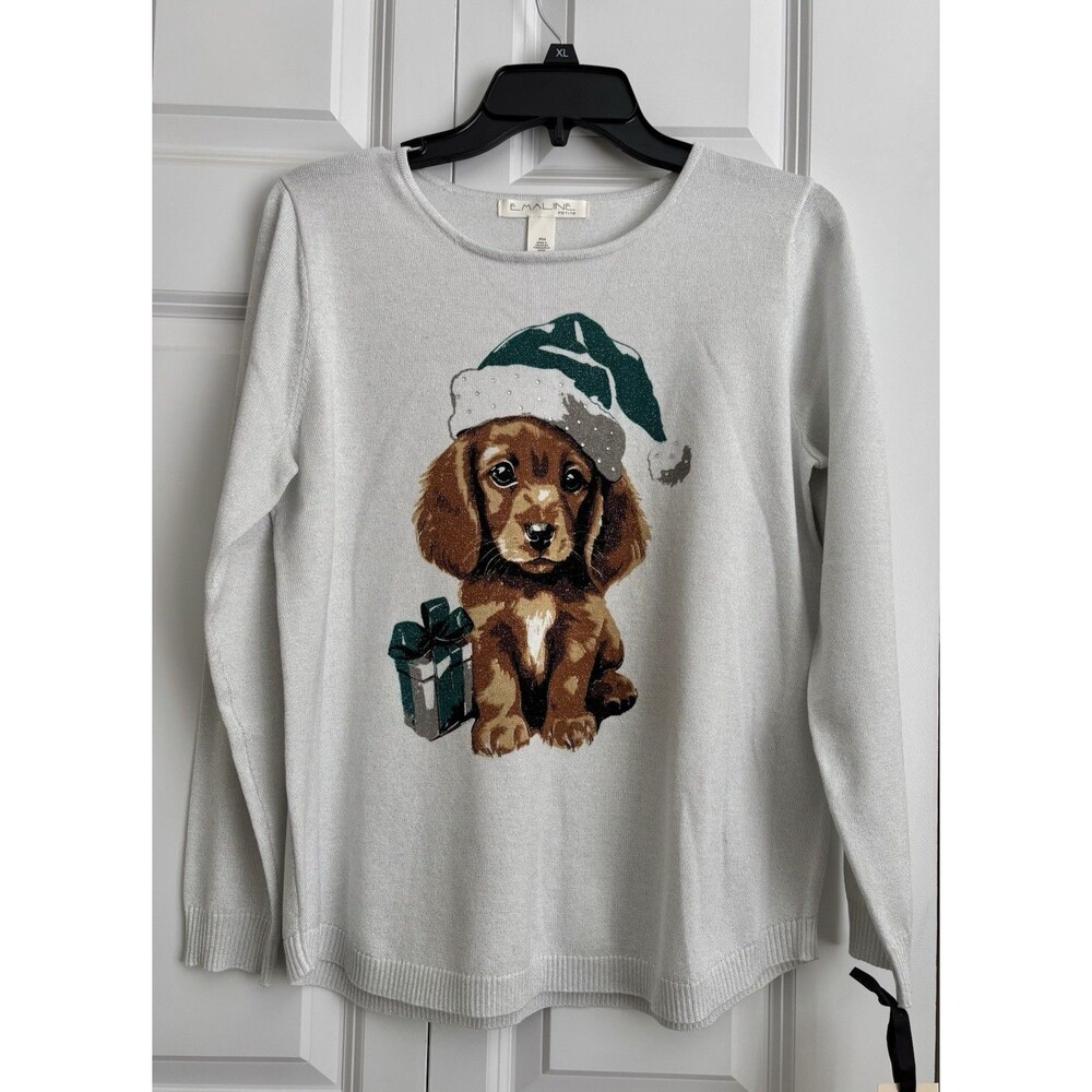 EMALINE WOMENS SWEATER LIGHTWEIGHT GRAY METALLIC DOG CHRISTMAS PRINT PULLON